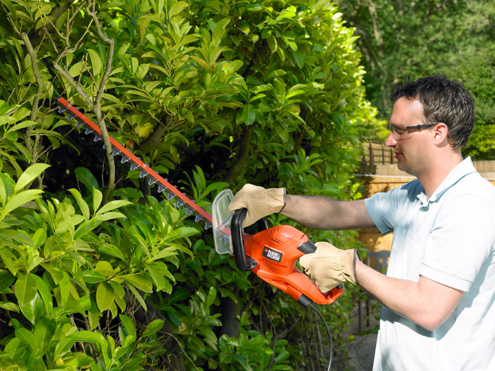 jardinero utilizando un cortasetos eléctrico